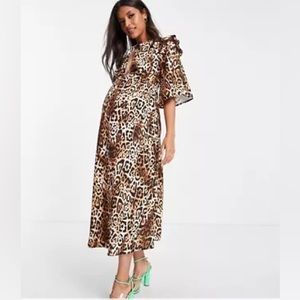 ASOS Queen Bee exclusive tie neck detail frill midi dress in leopard print